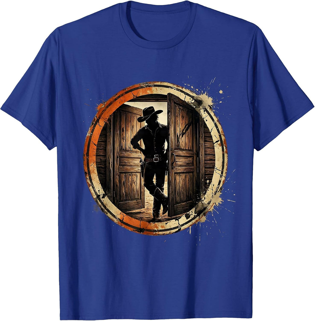 Men's Cowgirl Saloon Door Leaning Western Illustration T-Shirt - Royal Blue