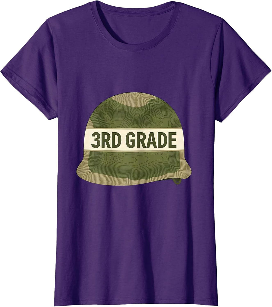 Women's 3rd Grade Camo Topographic Back To School Boys Teacher T-Shirt - Purple