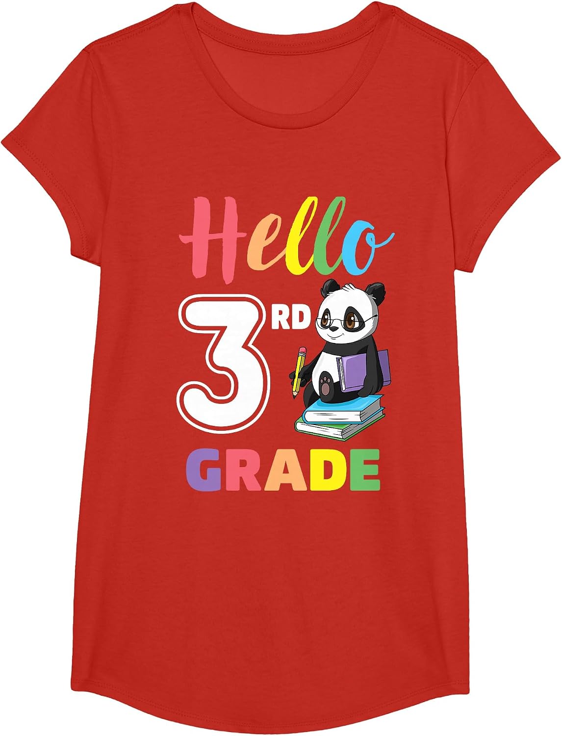 First Day of School Panda Hello 3rd Third Grade Kids T-Shirt - Girls Red
