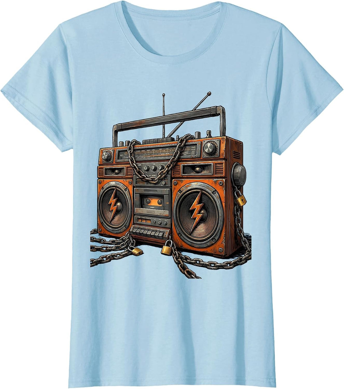 Chained Boom Box Old School Rock Graphic Tee T-Shirt - Baby Blue
