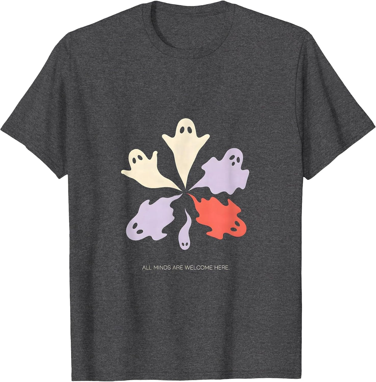 All Minds Are Welcome Here Halloween Mental Health Ghost T-Shirt - Dark Heather Grey