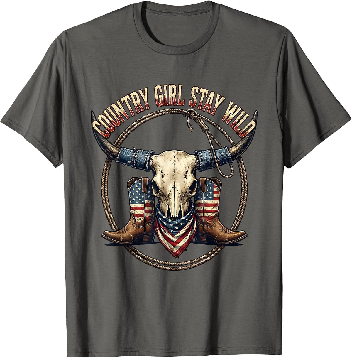 Country Girl Stay Wild Denim Cowgirl Design T-Shirt - Asphalt Grey