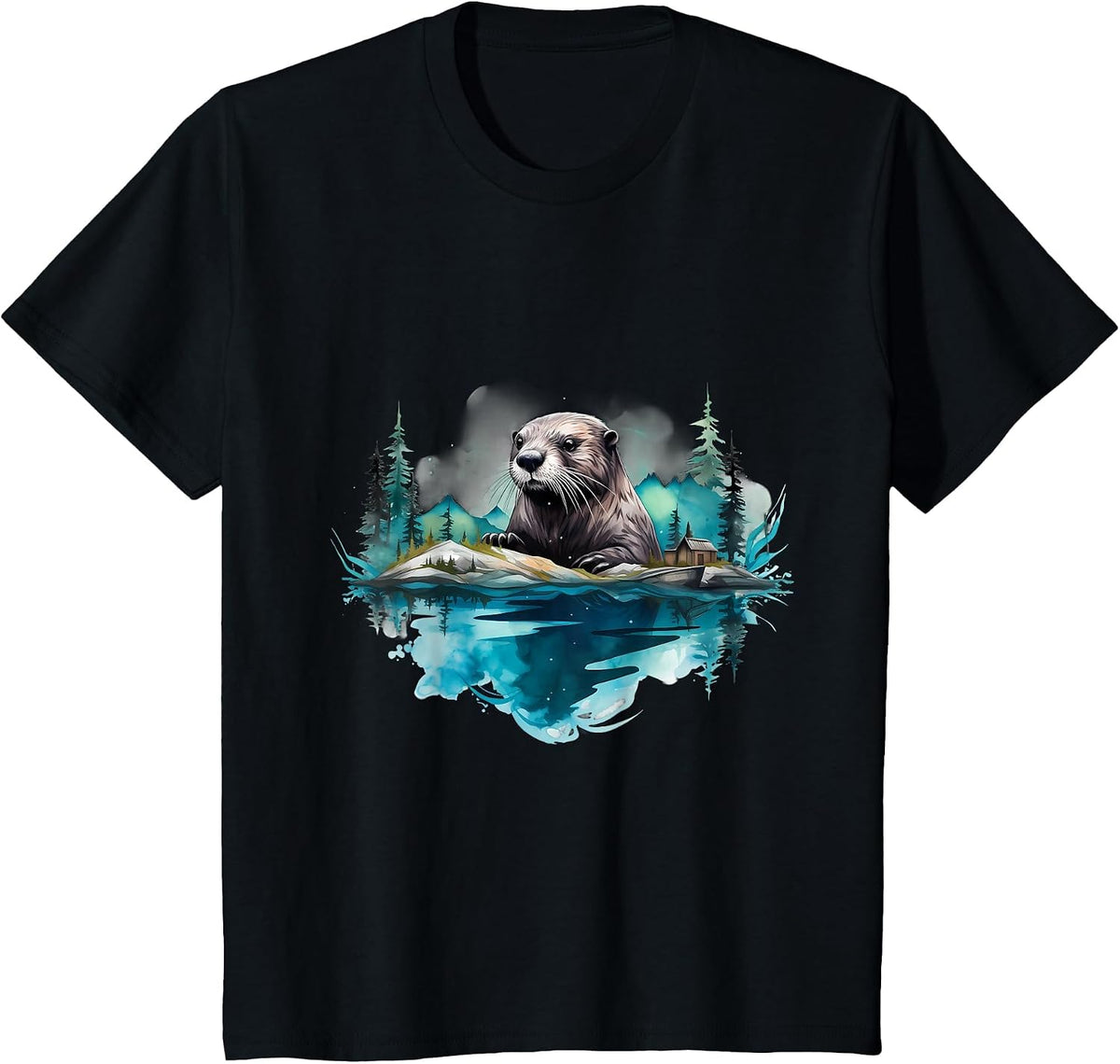Otter Landscape Wildlife Nature Forest Artwork Motif T-Shirt - Black