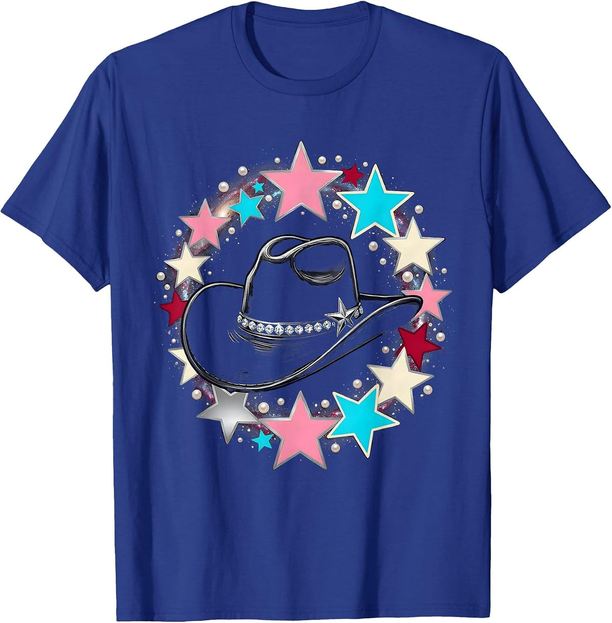 Cowgirl Hat Starry Galaxy Sky Illustration T-Shirt - Royal Blue