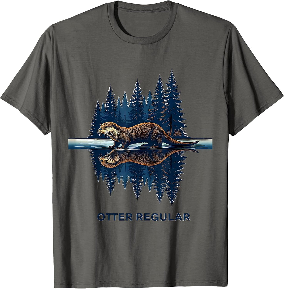 Otter Regular Ukiyo-e Forest Wildlife Nature Art Outdoor T-Shirt - Asphalt Grey