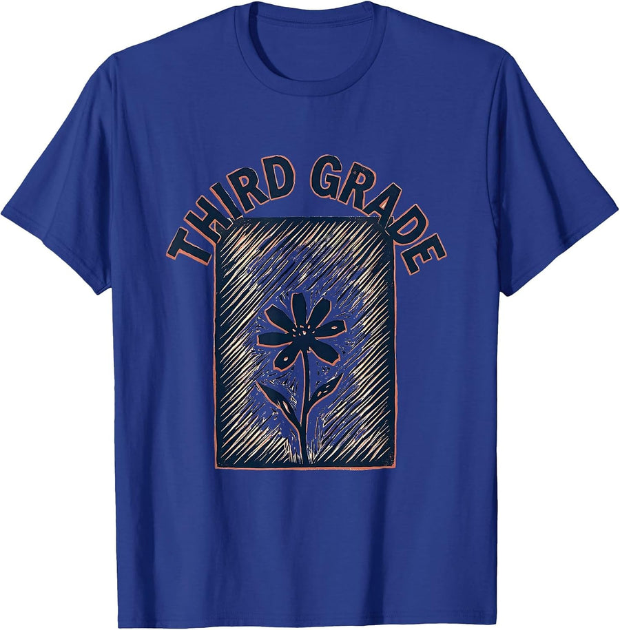 Third Grade Linocut Floral Back To School Teacher Gift T-Shirt - Royal Blue