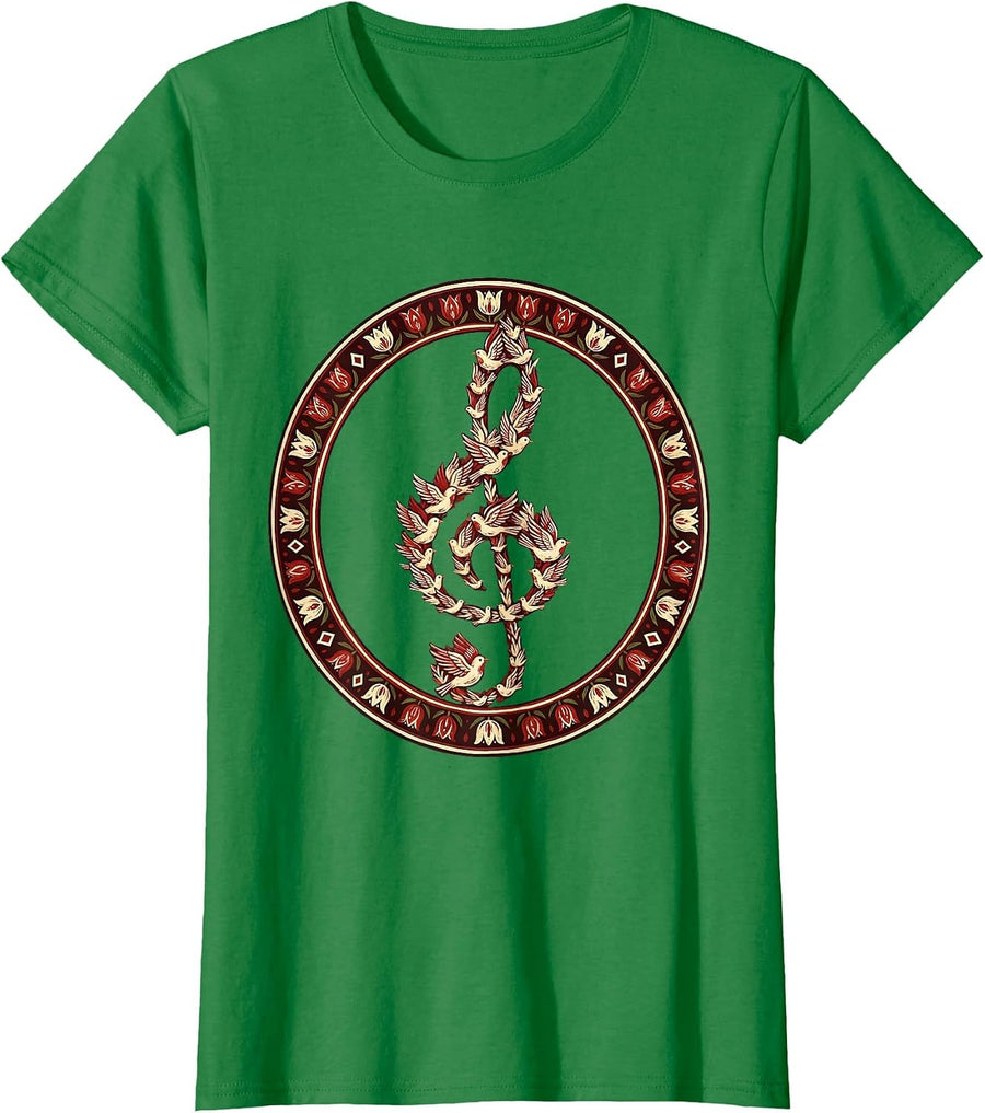 Women's Treble Clef Birds Music Teacher Gift T-Shirt - Kelly Green