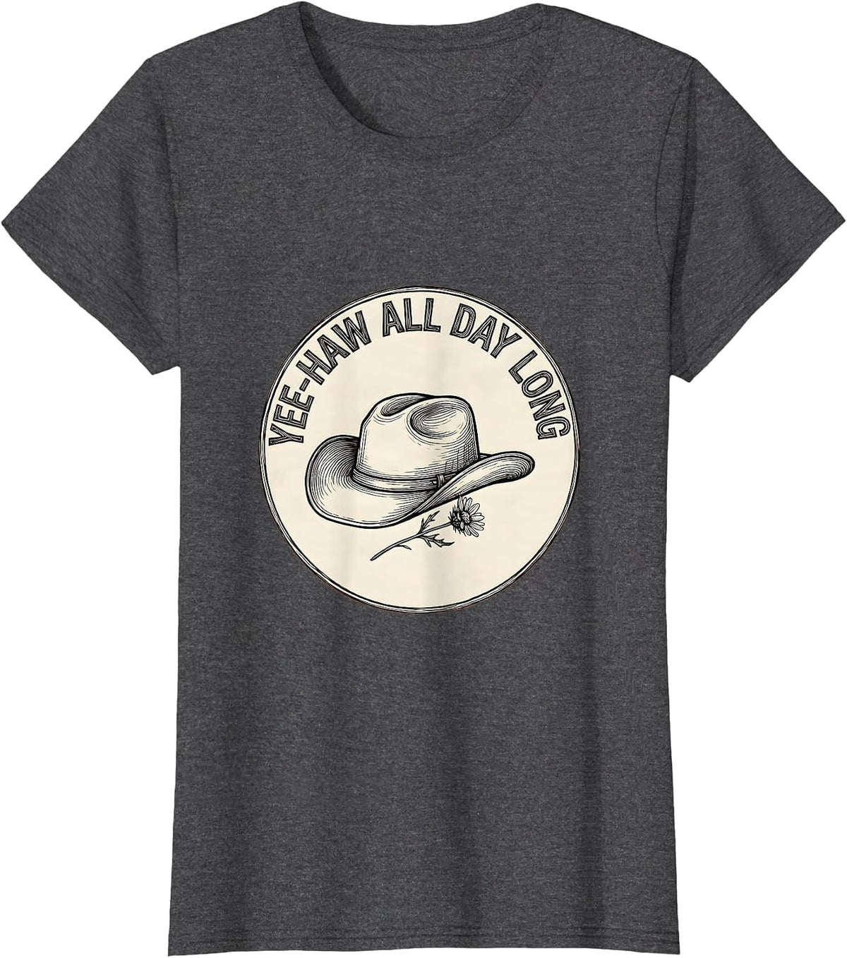 Women's Yee-Haw All Day Long Cowboy Design T-Shirt - Dark Heather Grey