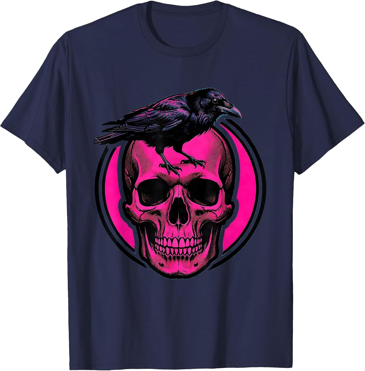 Skull and Crow Gothic Dark Art Design T-Shirt - Navy Blue
