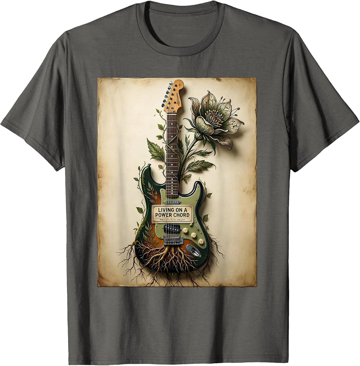 Living on a Power Chord 80s Rock Band Design T-Shirt - Asphalt Grey
