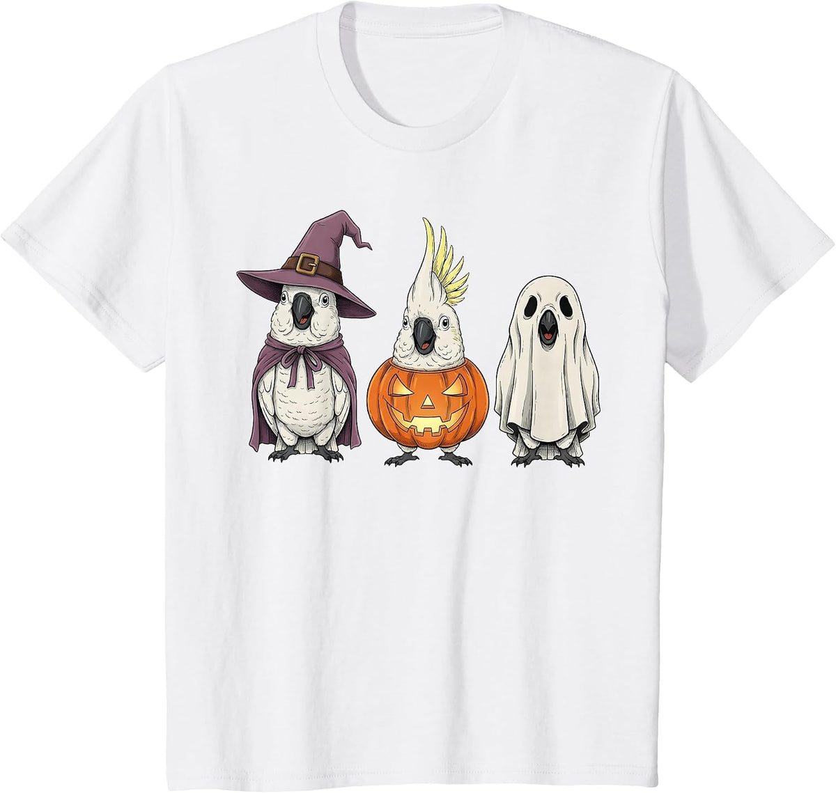 Spooky Ghost White Cockatoo Parrot Lover Pumpkin Halloween T-Shirt - White