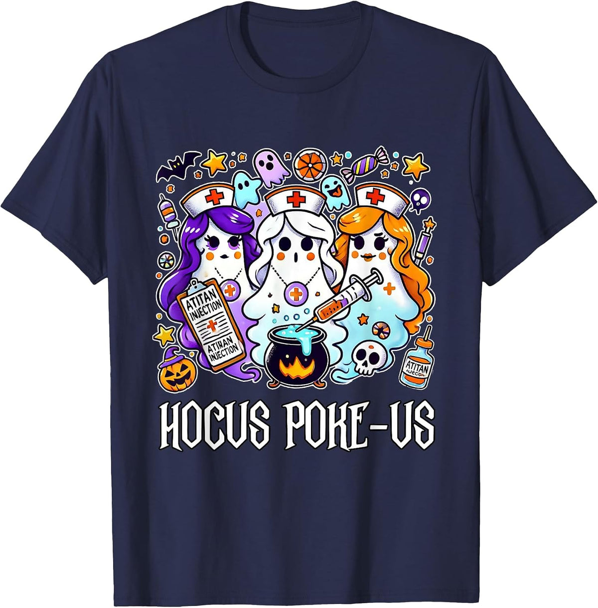 Funny Witches Nurse Spooky Nurse Witch Halloween Nursing Pun T-Shirt - Navy Blue