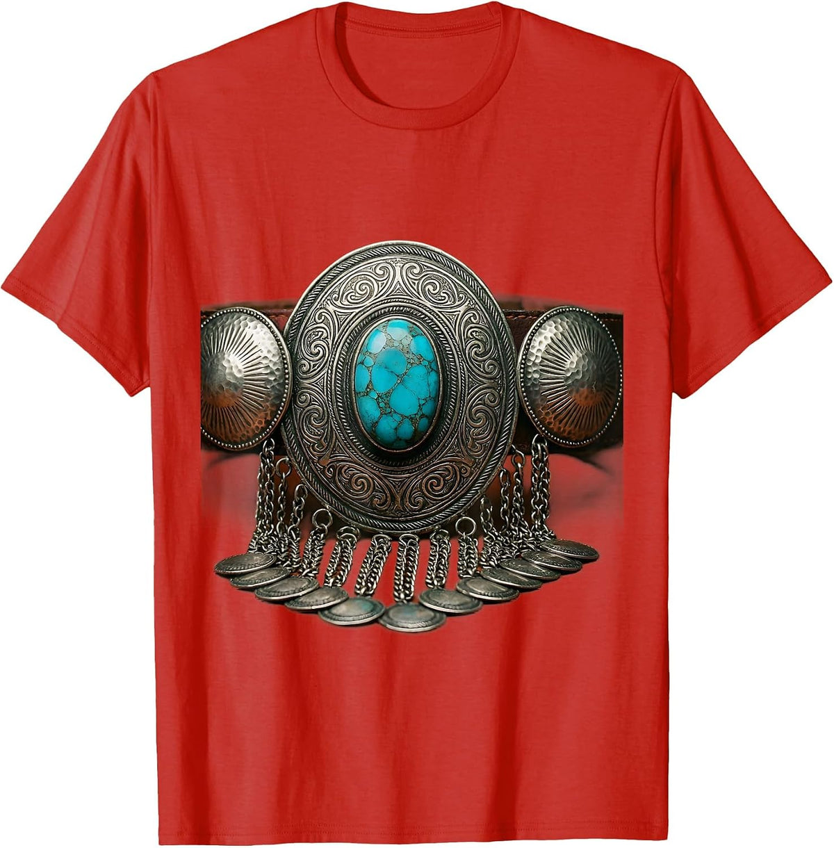 Men's Turquoise Silver Concho Belt Buckle Western Art T-Shirt - Red