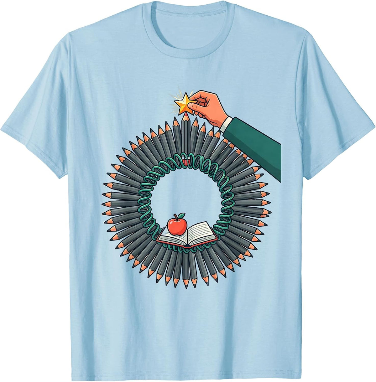Men's Pencil Wreath Teacher Christmas Classroom Humor T-Shirt - Baby Blue