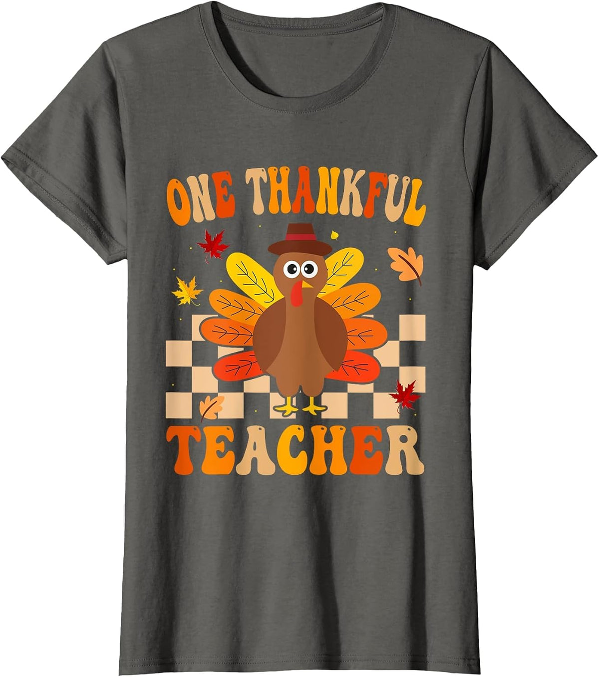 One Thankful Teacher Thanksgiving Turkey T-Shirt - Asphalt Grey