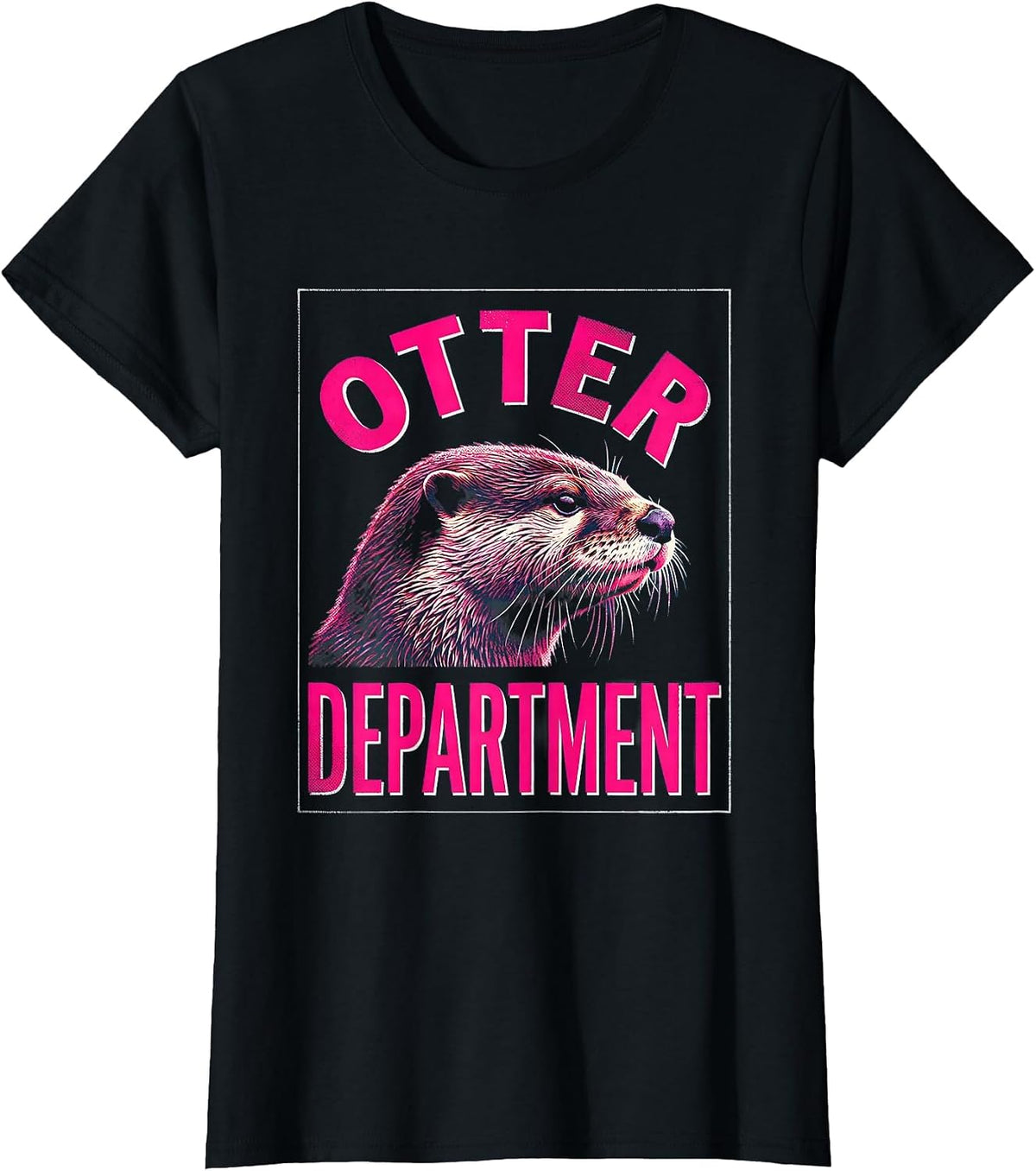 Women's Otter Department Risograph Minimalist Line Art Badge Patch T-Shirt - Black
