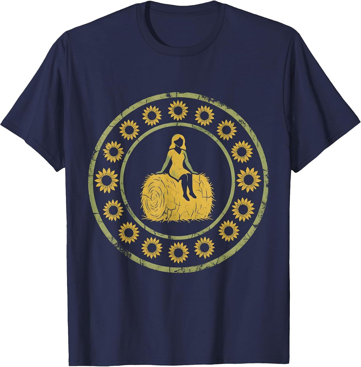 Country Girl Denim Cutoffs Hay Bale Illustration T-Shirt - Navy Blue