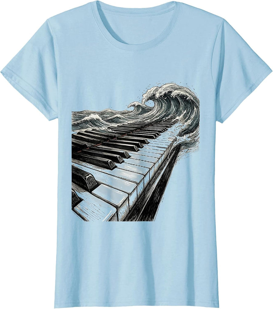 Women's Piano Keys Ocean Waves Music Teacher Design T-Shirt - Baby Blue