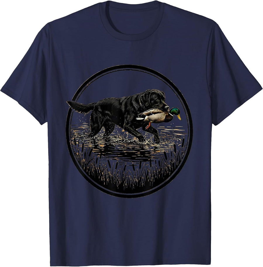 Hunting Dog Duck Retrieve Illustration T-Shirt - Navy Blue