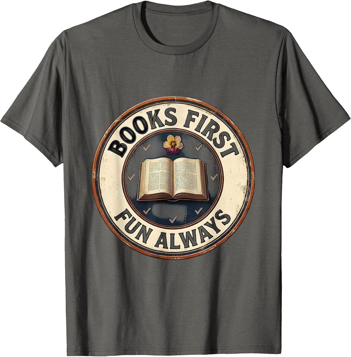 Men's Books First Fun Always Vintage Librarian Book Lover Humor T-Shirt - Asphalt Grey