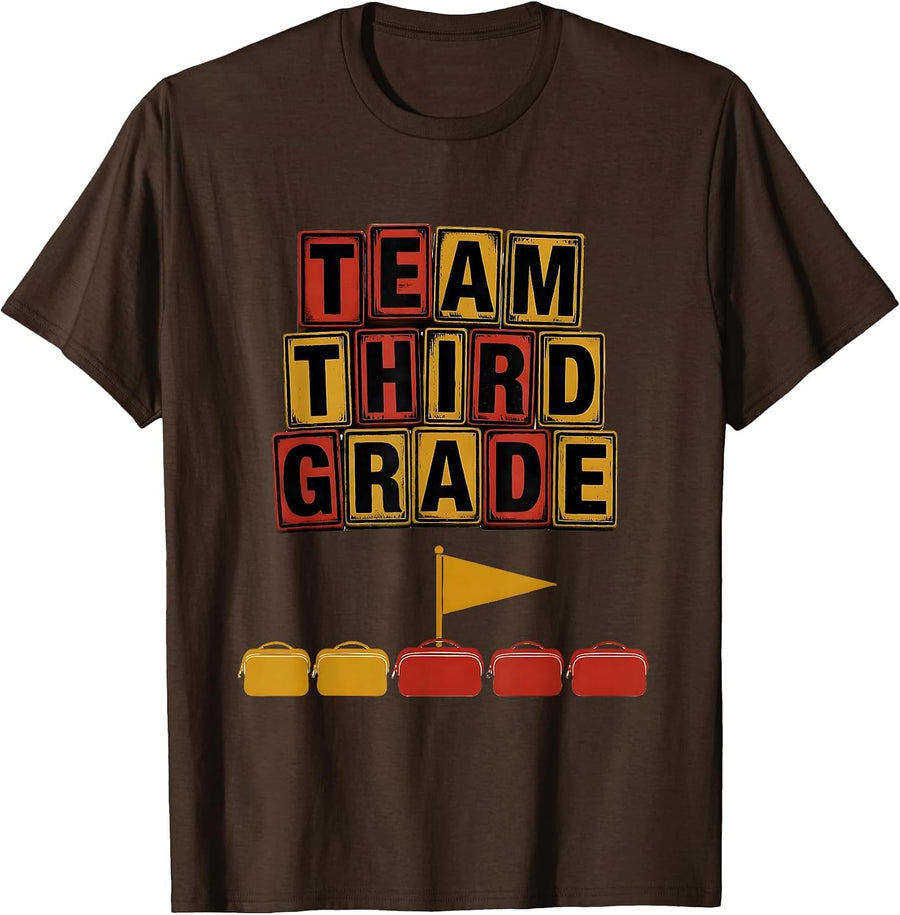 Team Third Grade Wood Type Letterpress Student Teacher Back T-Shirt - Brown