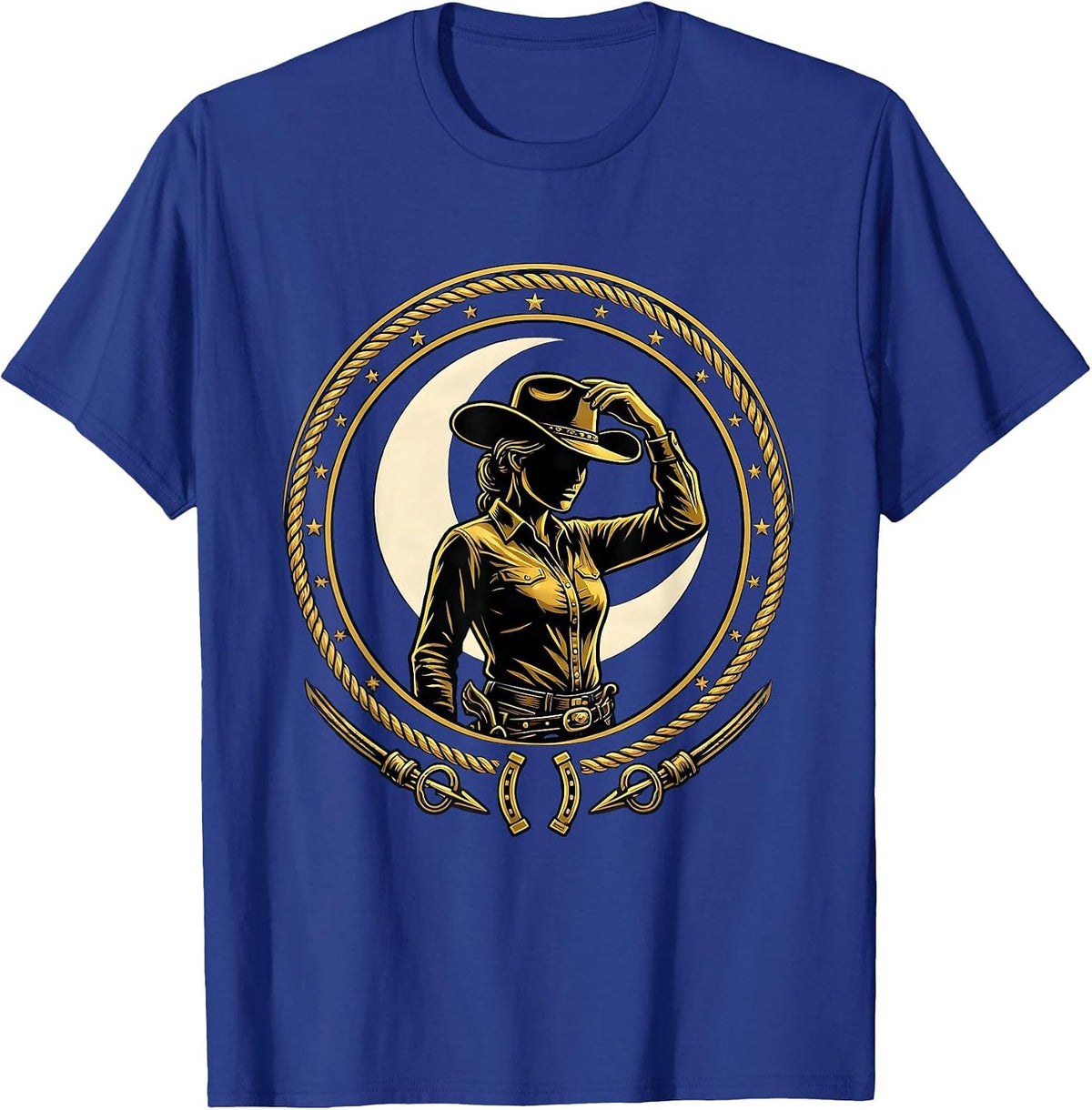 Cowgirl Tipping Hat Under Moonlit Sky Design T-Shirt - Royal Blue