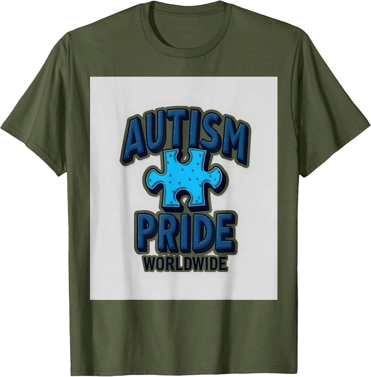 Autism Pride Worldwide Blue Awareness Design T-Shirt - Olive Green