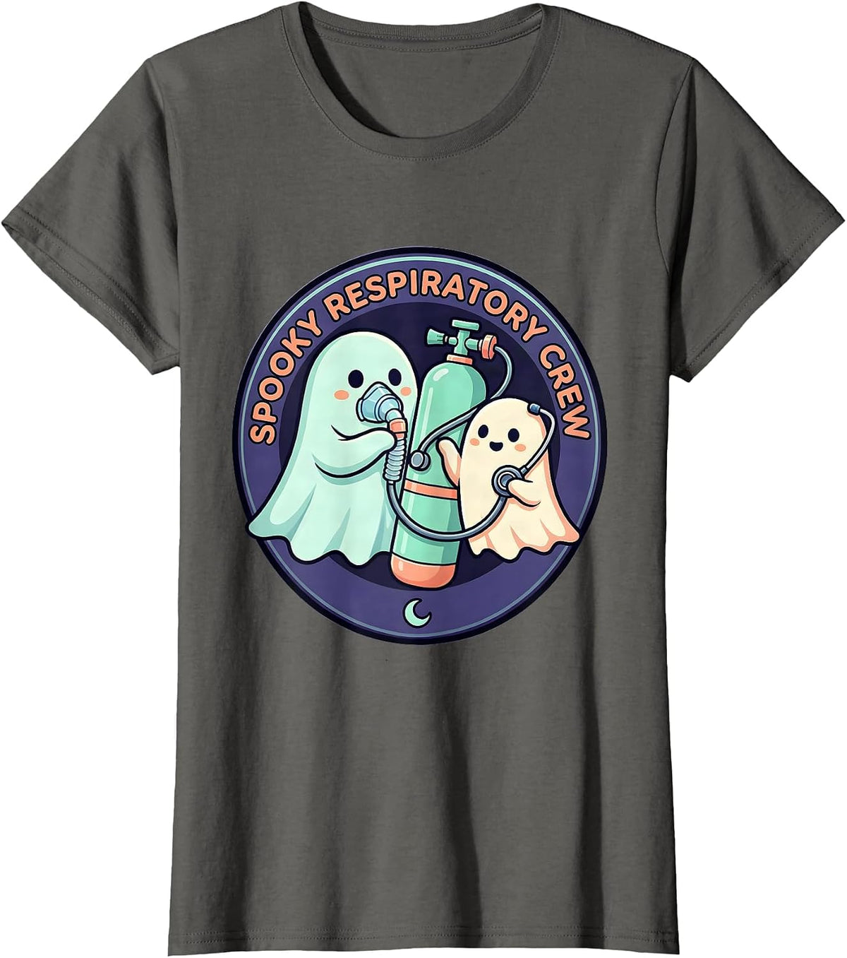 Women's Spooky Respiratory Crew Cute Ghost Halloween Occupational T-Shirt - Asphalt Grey