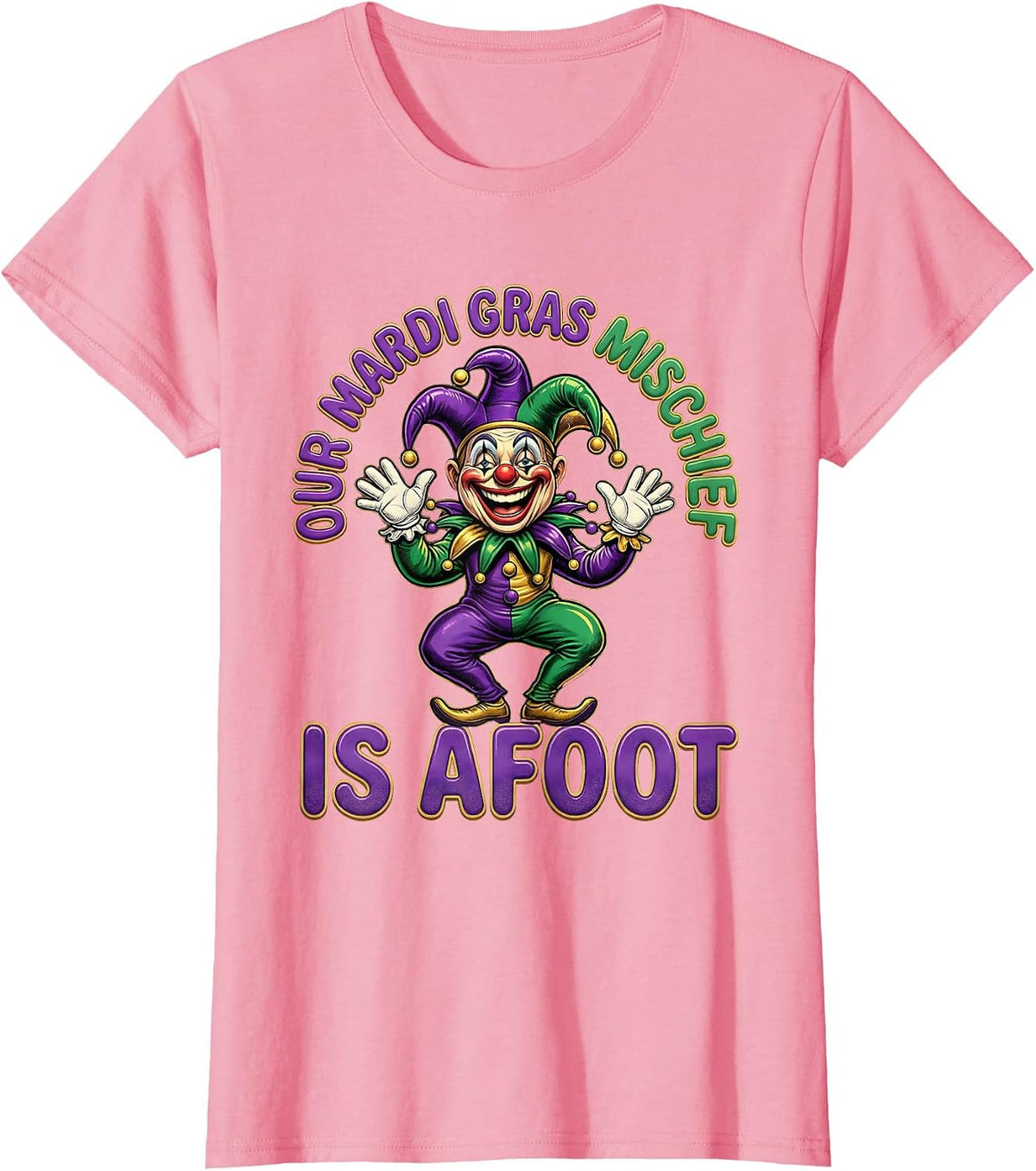 Women's Our Mardi Gras Mischief Is Afoot Retro Cartoon Jester T-Shirt - Pink