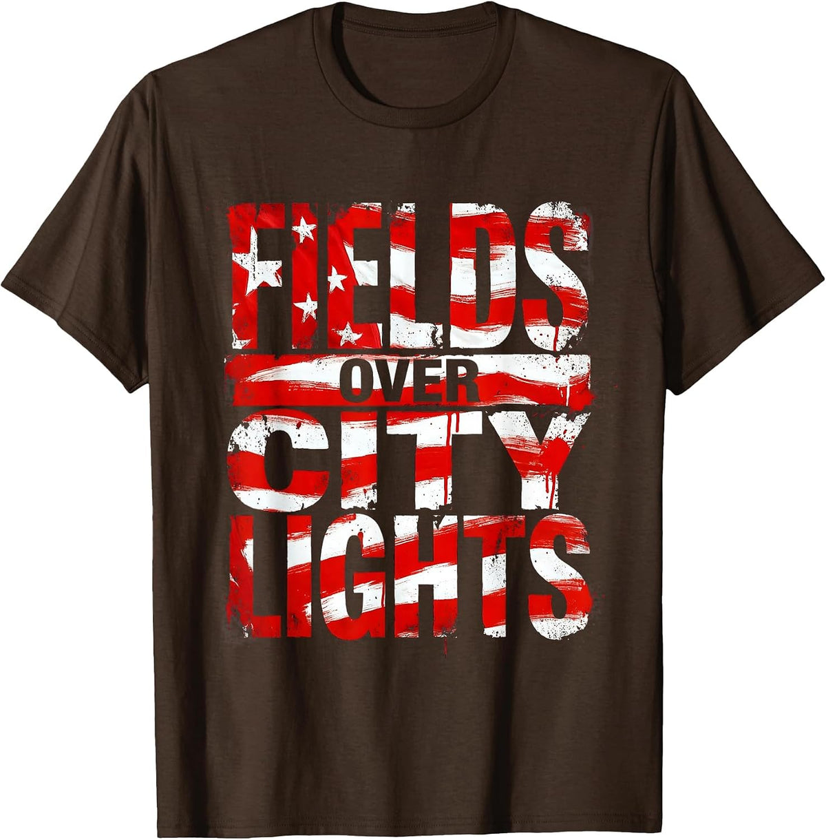 Fields Over City Lights Country Girl Design T-Shirt - Brown