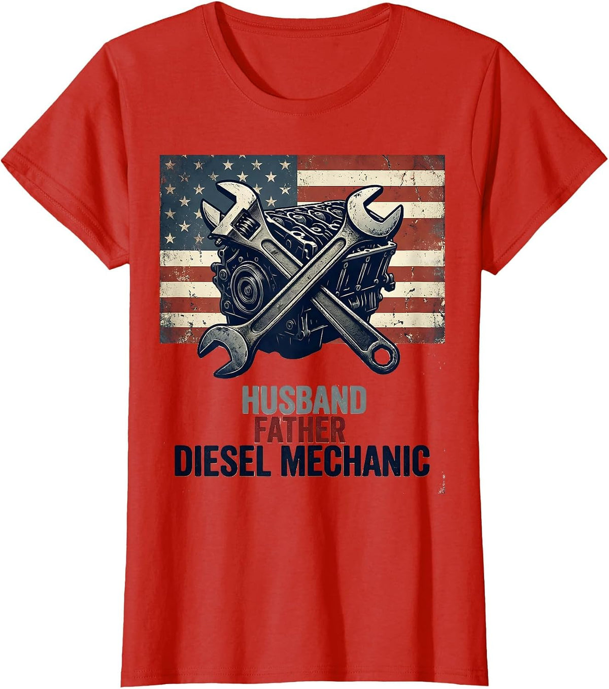Husband Father Diesel Mechanic Patriotic American Flag T-Shirt - Red