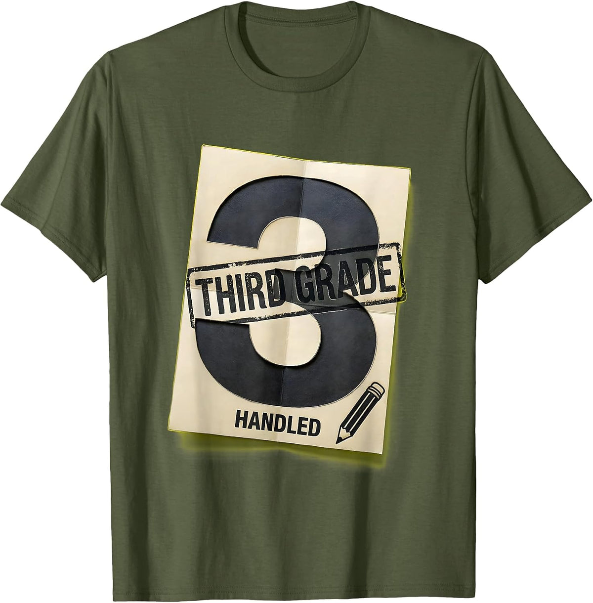 Men's Third Grade Handled Stencil Graphic Back To School Teacher T-Shirt - Olive Green