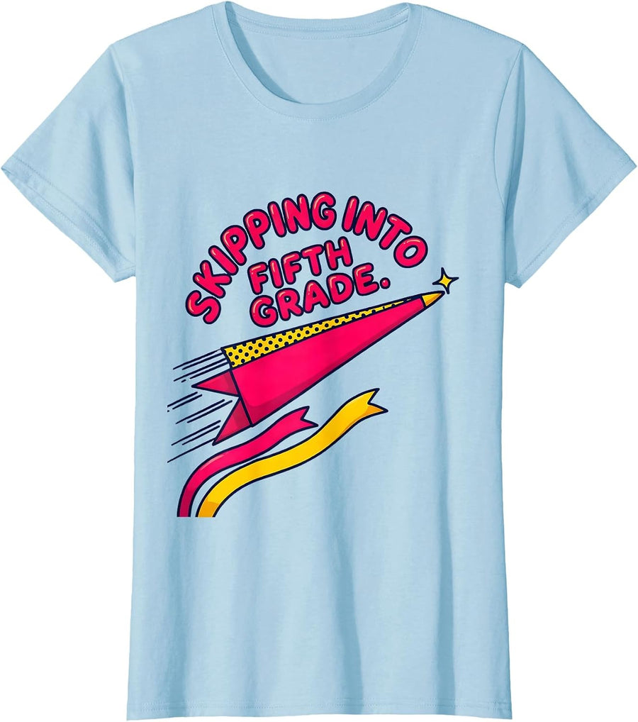 Women's Skipping Into Fifth Grade Playful Pennant Flag Back T-Shirt - Baby Blue