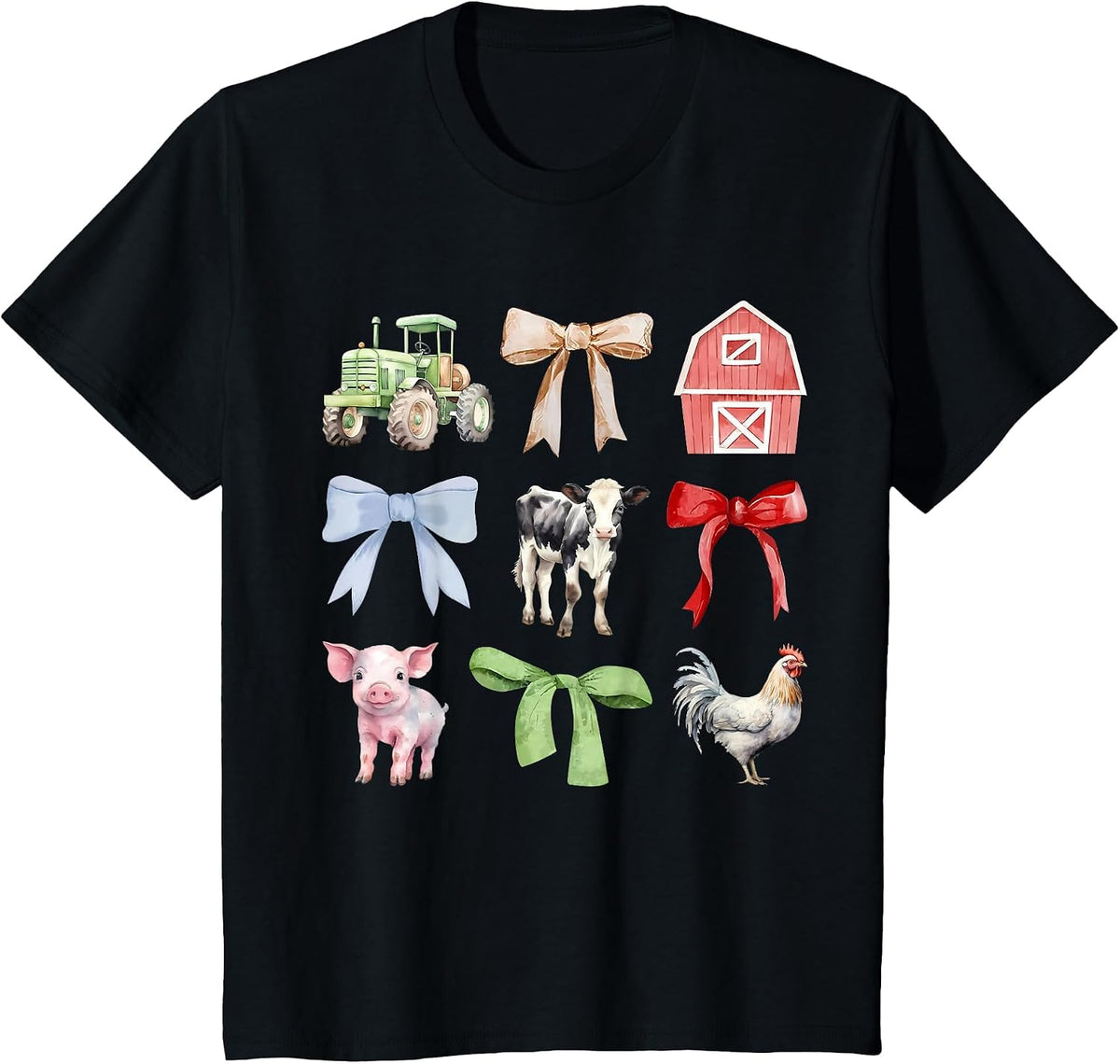 Cute Farm Animals Cow Pig Chicken Coquette Farmer Country T-Shirt - Black
