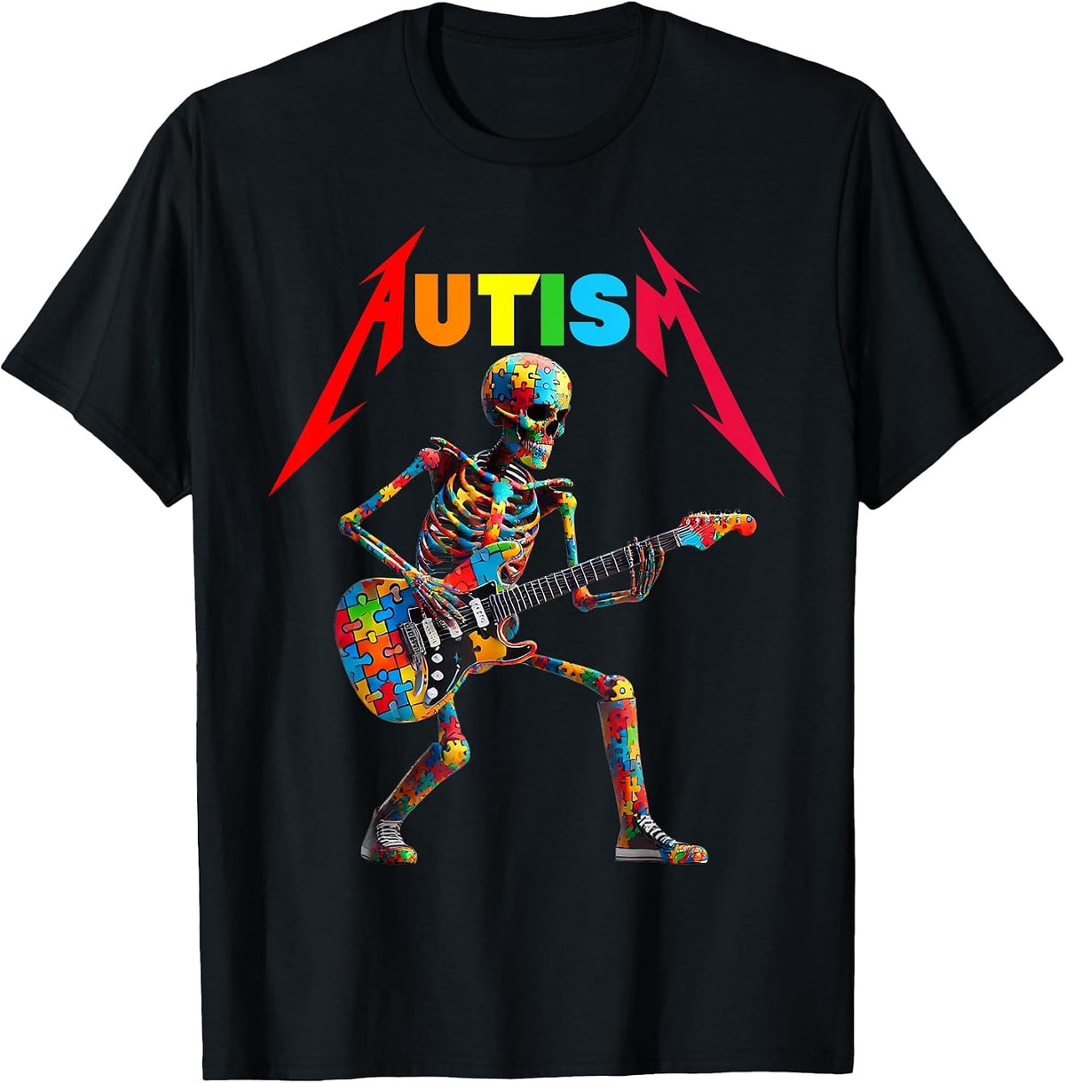 Autism Skeleton Guitar Rock Music Lover Autism Awareness T-Shirt - Black