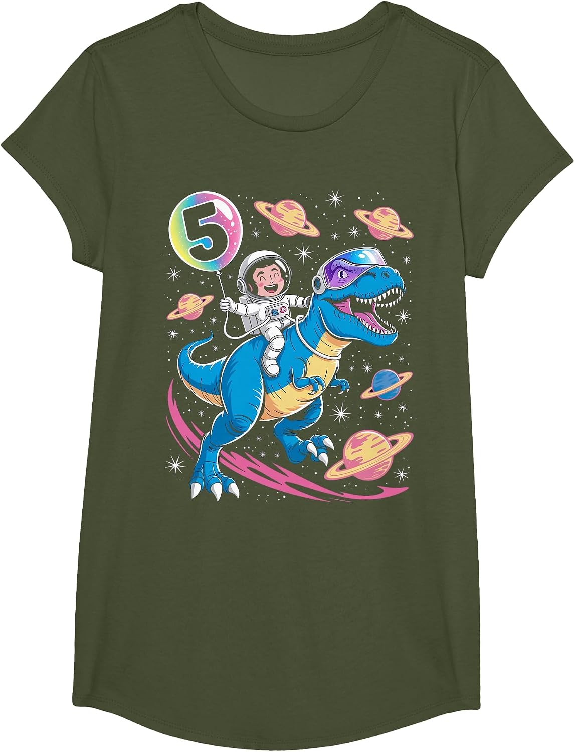 Astronaut Trex Dinosaur 5 Years Old Space Kids 5th Birthday T-Shirt - Girls Olive Green