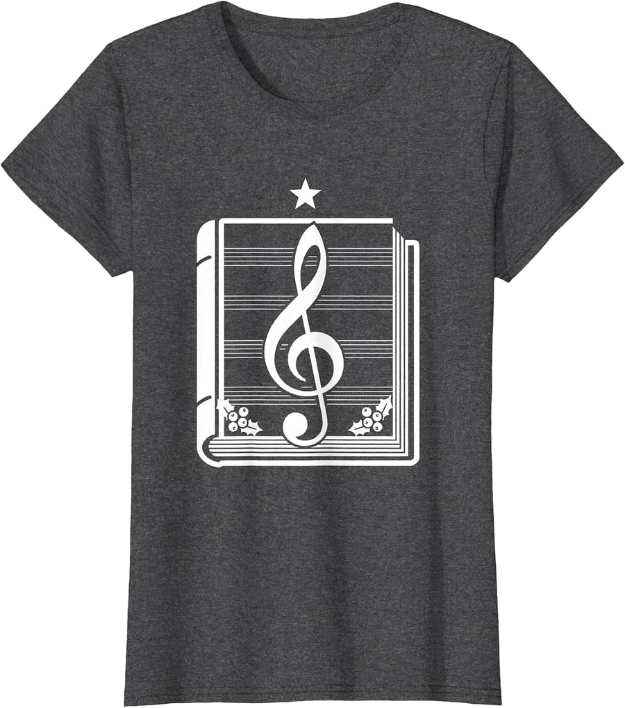 Women's Carol Book Silhouette Music Teacher Christmas Tree T-Shirt - Dark Heather Grey