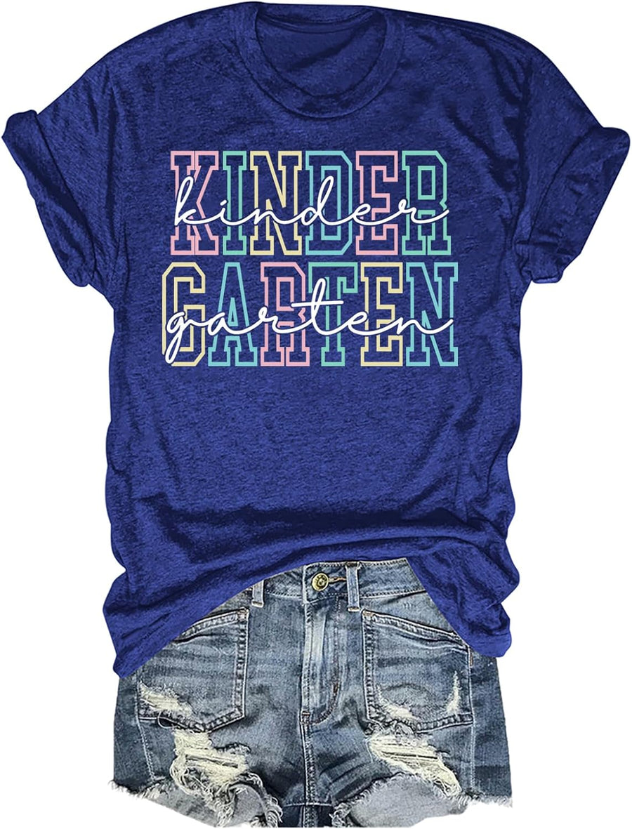 Teacher Shirts for Women First Day of School Teacher Short Sleeve Tshirts - Kindergarten Vintage Blue