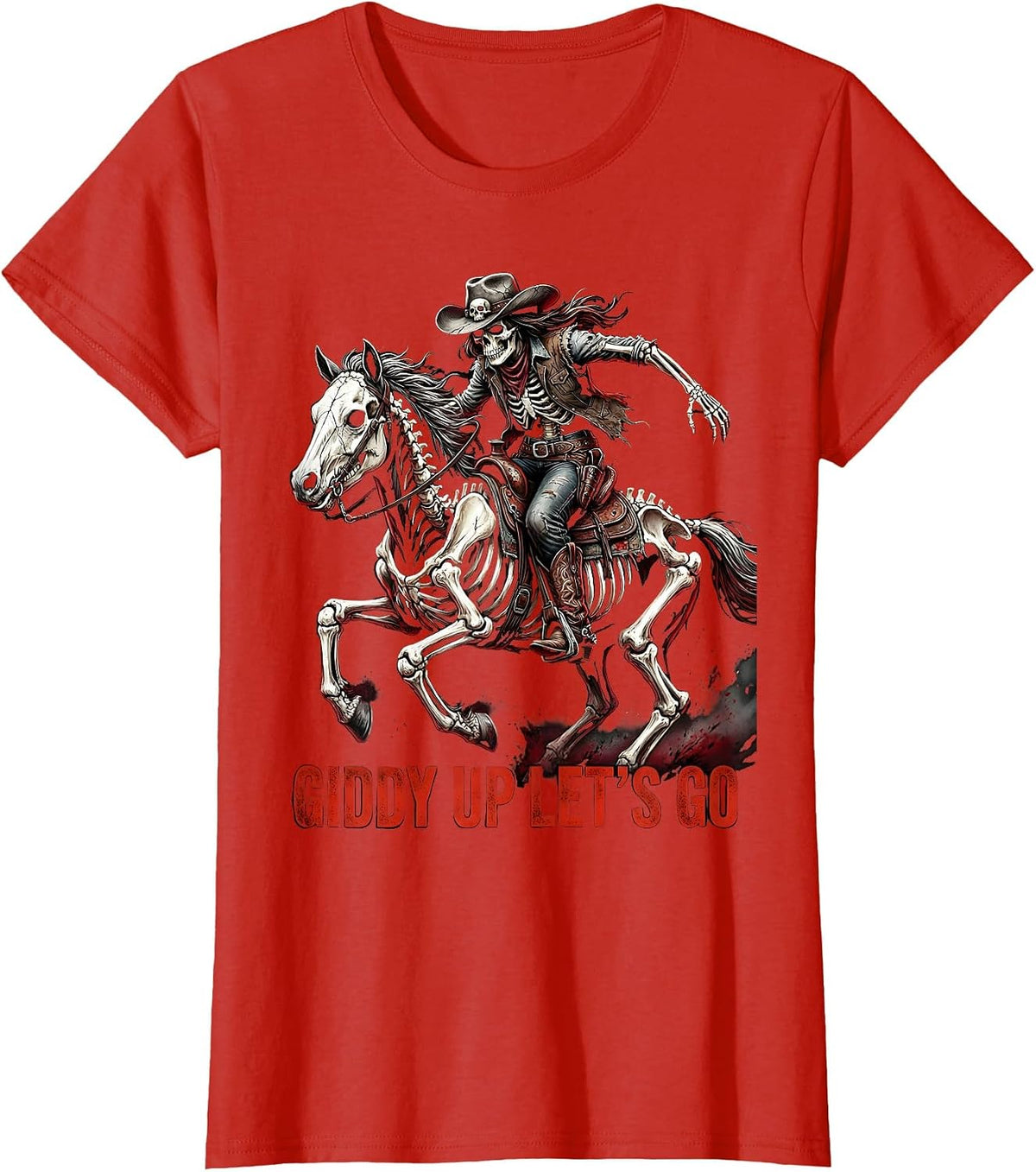 Giddy Up Lets Go Cowgirl Graphic Design T-Shirt - Red
