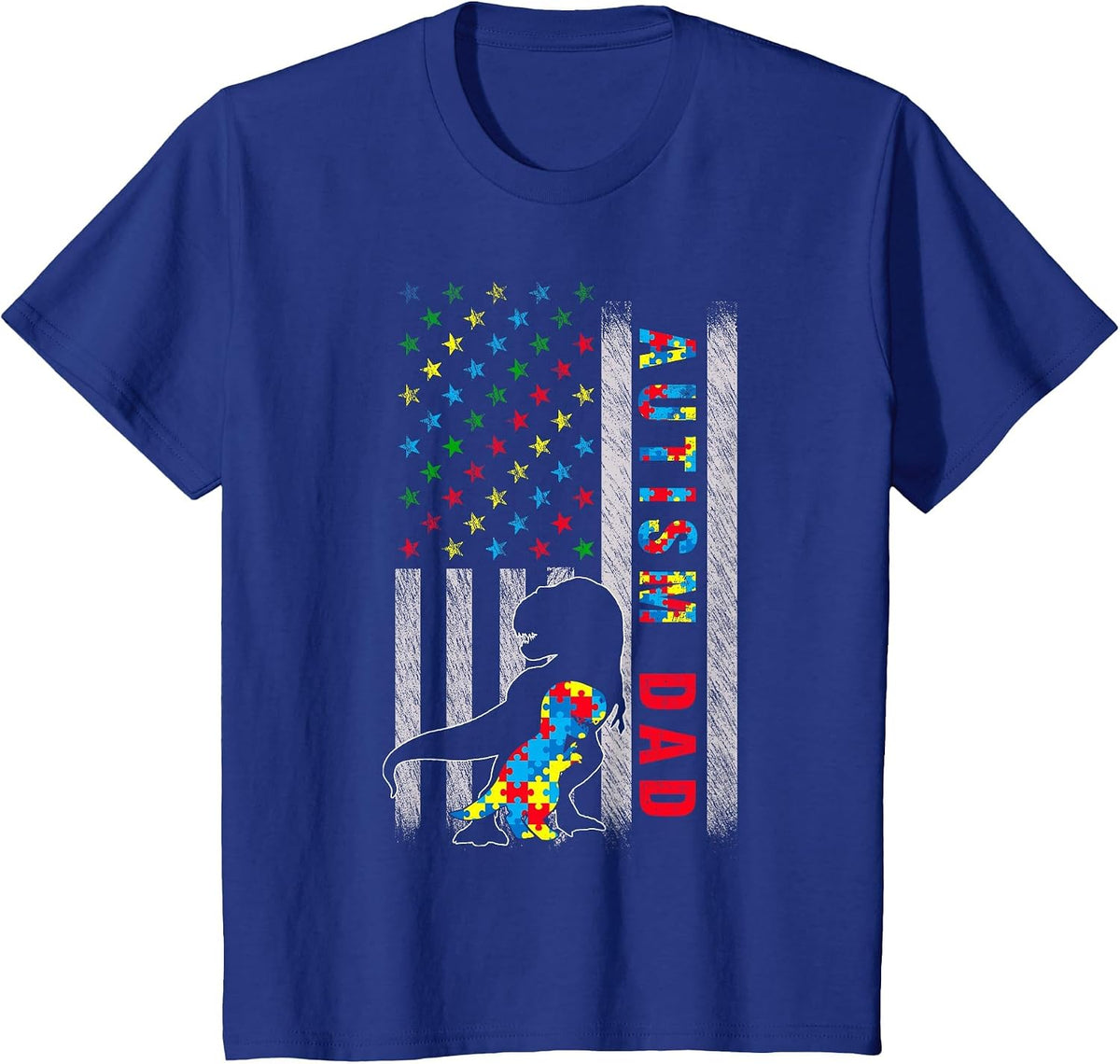 Autism Dad US Flag Dinosaur Autism Awareness T-Shirt - Royal Blue