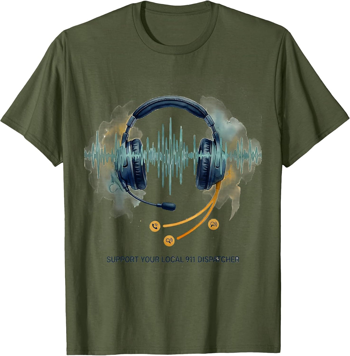 Men's Support Your Local 911 Dispatcher Watercolor Tribute Gift T-Shirt - Olive Green