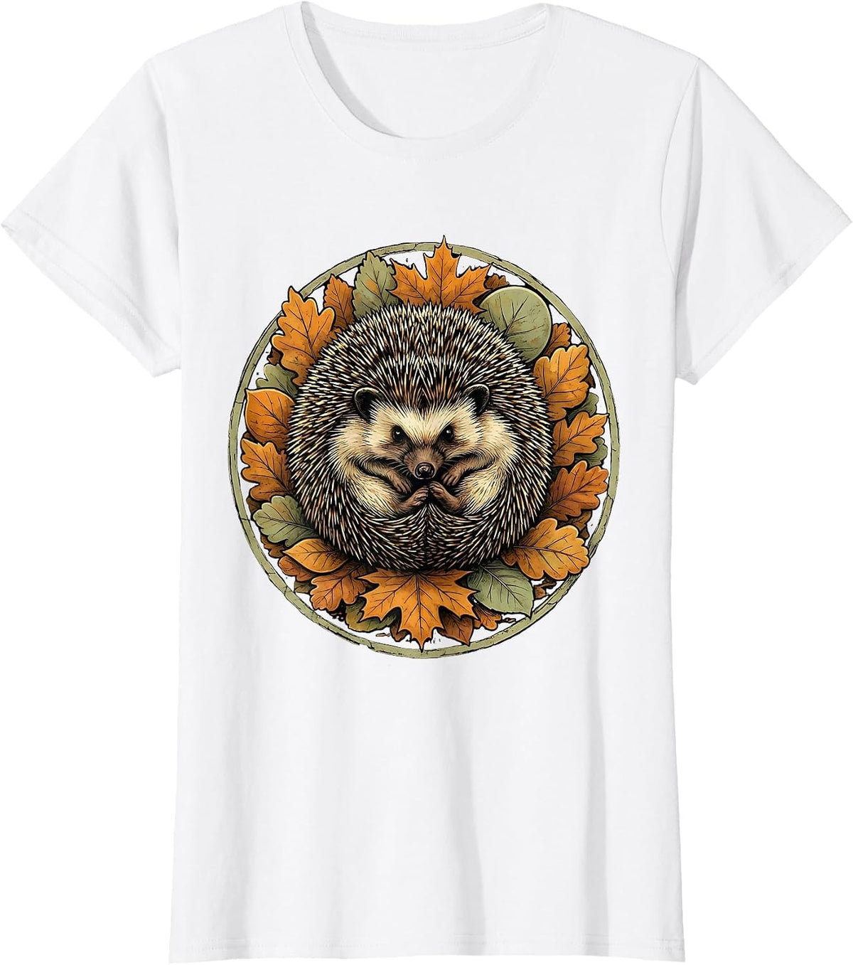 Hedgehog in Autumn Leaves Fall Illustration T-Shirt - White