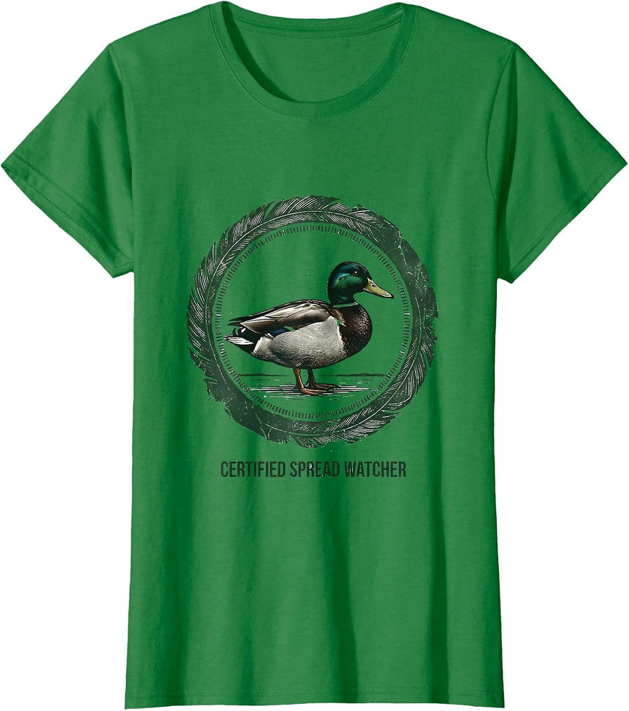 Women's Certified Spread Watcher Rubber Stamp Mallard Duck Hunting T-Shirt - Kelly Green