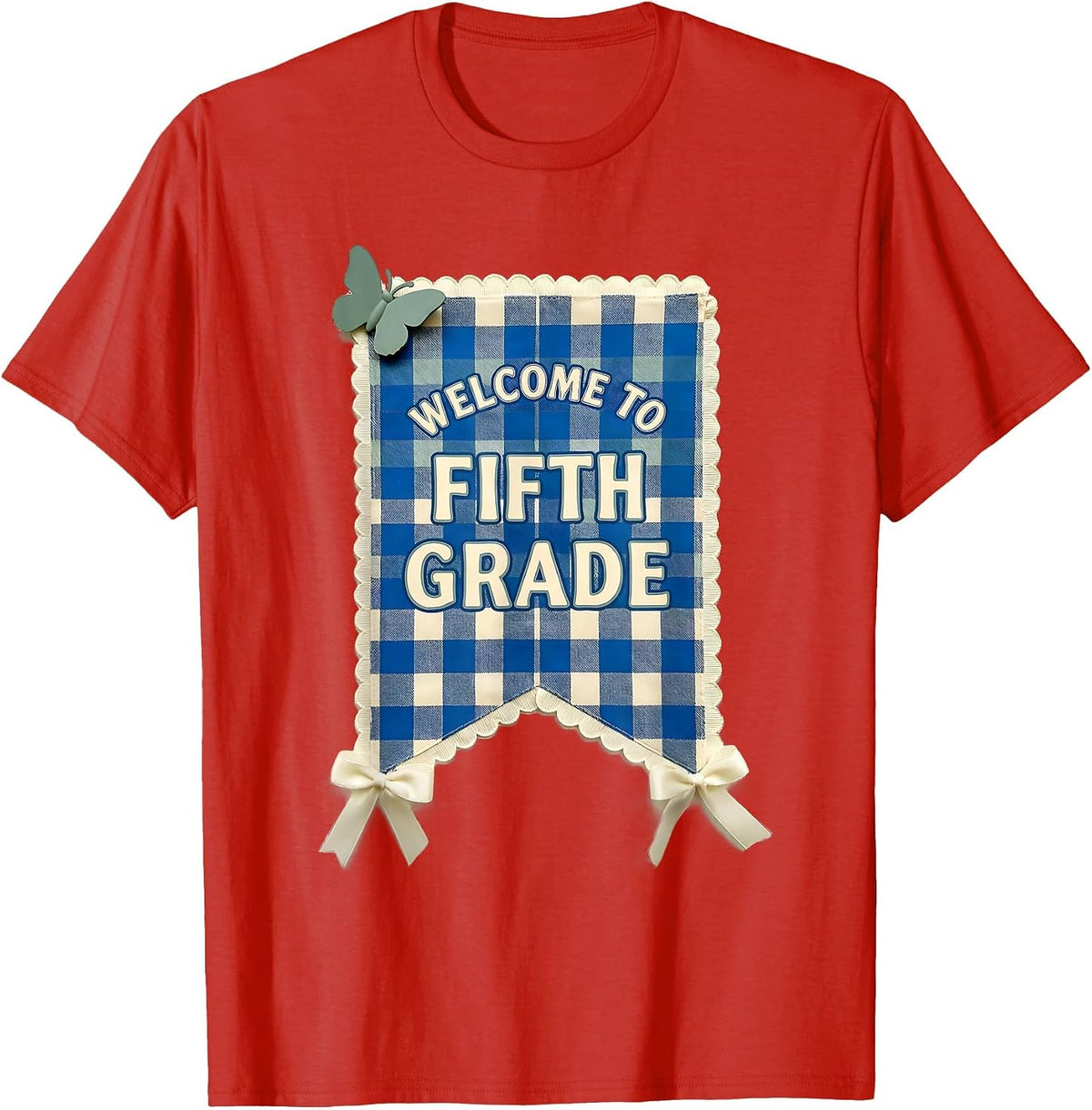 Men's Welcome to Fifth Grade Gingham Picnic Cute Back to School T-Shirt - Red