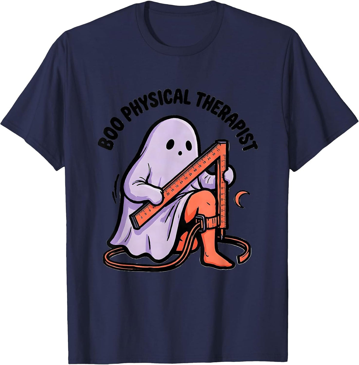 Boo Physical Therapist Cute Ghost Humor Halloween Occupation T-Shirt - Navy Blue