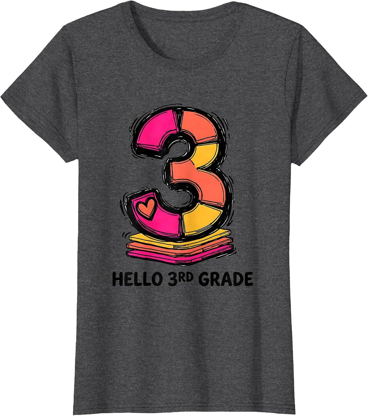 Women's Hello 3rd Grade Playful Leopard Teacher Student Back T-Shirt - Dark Heather Grey