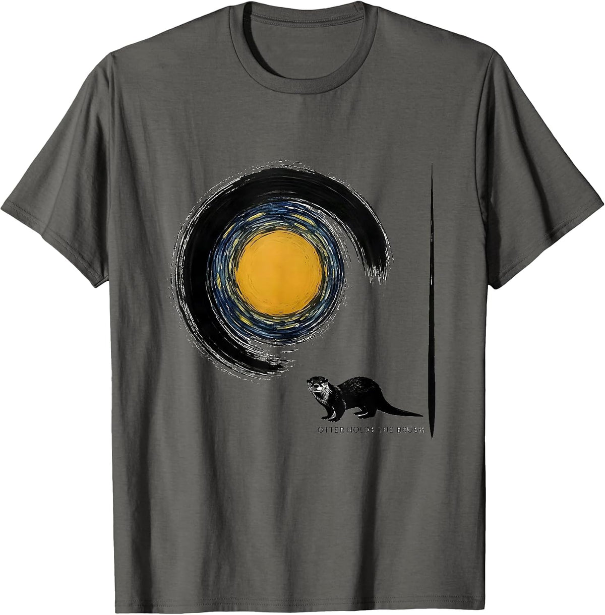 Men's Otter Holds The Brush Minimalist Van Gogh Parody Animal T-Shirt - Asphalt Grey