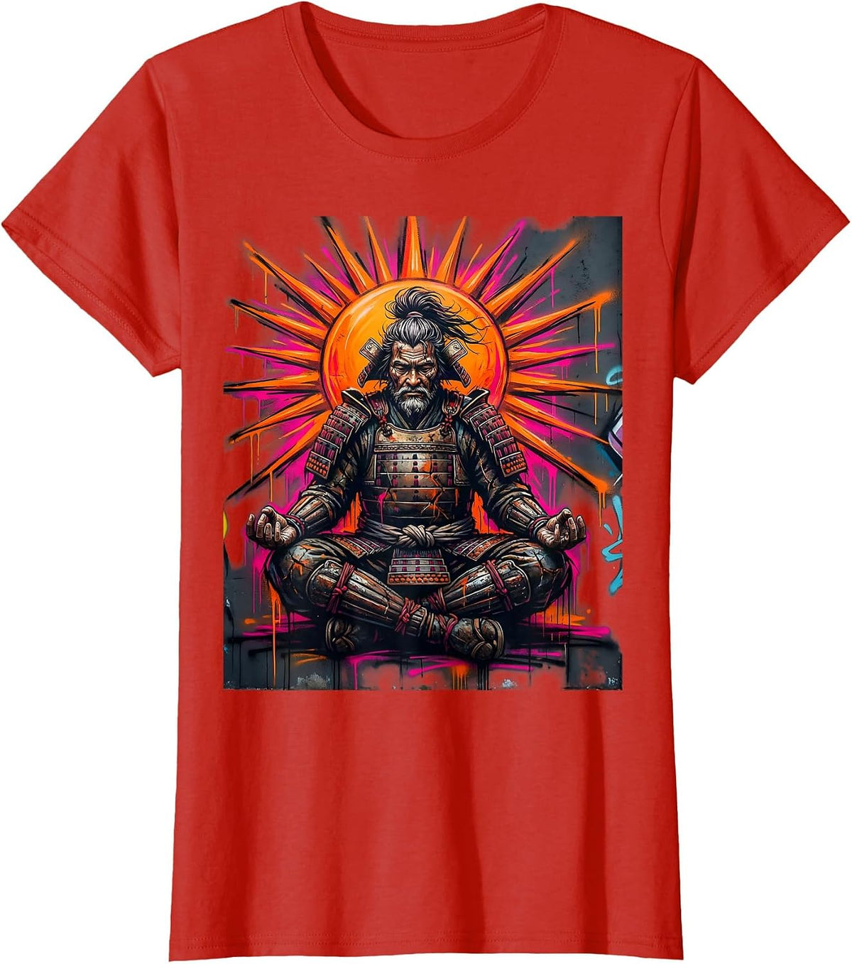 Aged Samurai Warrior Meditating at Sunrise T-Shirt - Red