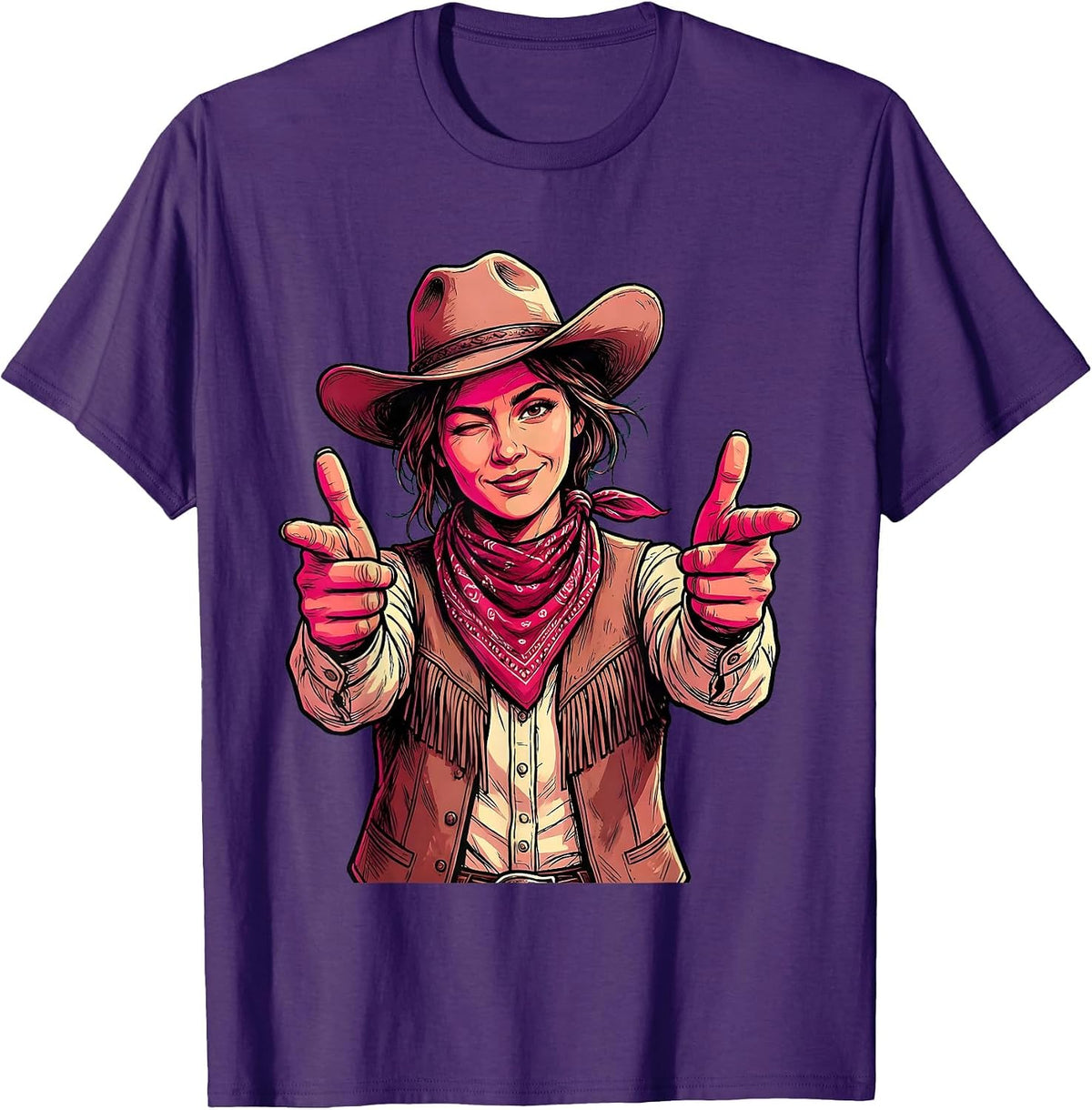 Pink Cowgirl Winking Pistol Finger Guns Illustration T-Shirt - Purple