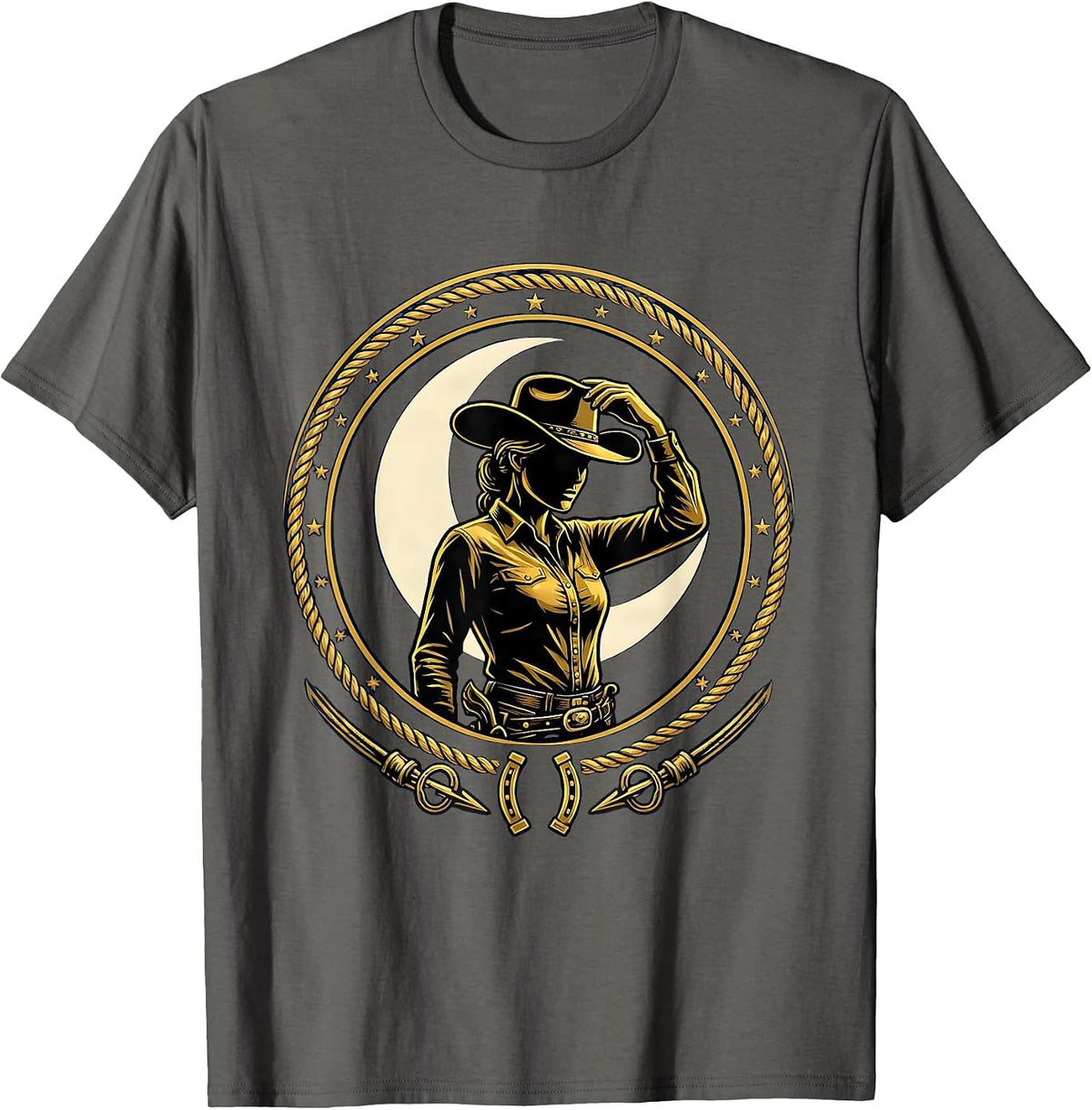 Cowgirl Tipping Hat Under Moonlit Sky Design T-Shirt - Asphalt Grey